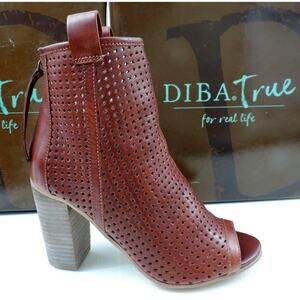 Diba True Gone Home Open Toe High Heel Booties Perforated Leather Cognac Size 8